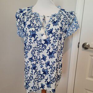 Rose & Olive Blue & White Floral Blouse - Large